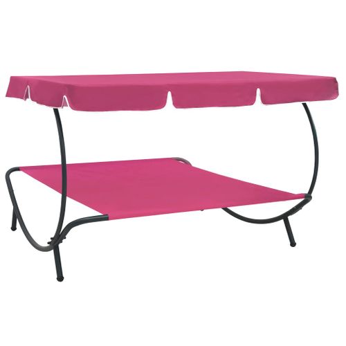 Lit De Repos Transat Chaise Longue D'extérieur 200 Cm Avec Auvent Rose 02_0012014