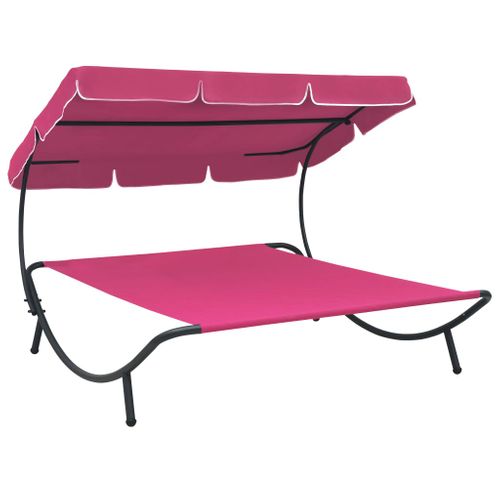 Lit De Repos Transat Chaise Longue D'extérieur 200 Cm Avec Auvent Rose 02_0012014