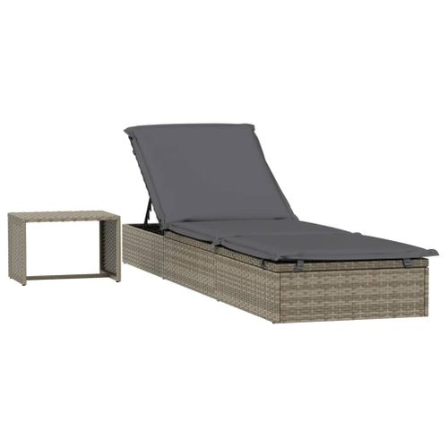 Transat Chaise Longue Bain De Soleil Avec Table Résine Tressée Gris 02_0012206