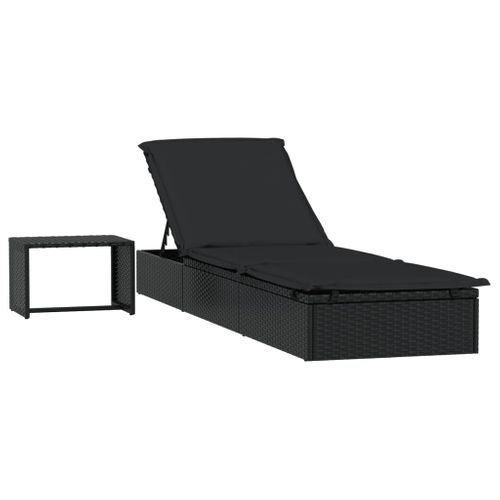 Transat Chaise Longue Bain De Soleil Avec Table Résine Tressée Noir 02_0012207