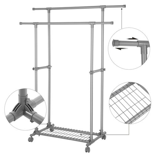 Portant Double Barre Porte-vêtements Mobile Extensible Entre 87 à 150 Cm Avec Roulett