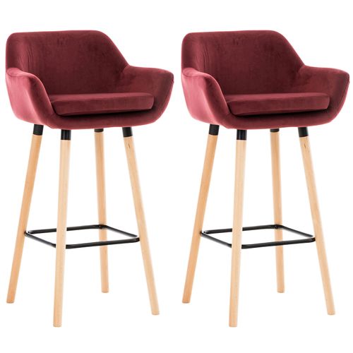 Lot De 2 Tabourets De Bar En Velours Rouge Pieds En Bois Avec Repose-pieds Et Accoudoirs
