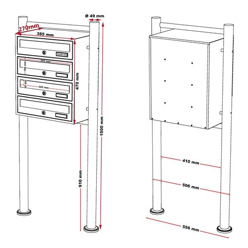 Bloc 4 Boites Aux Lettres 4 Compartiments Pied De Support Courrier Acier Galvanisé 47