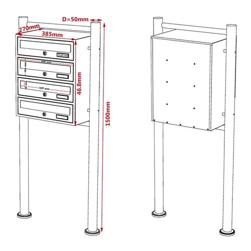 Bloc 4 Boites Aux Lettres Sur Pieds 4 Entrées Acier Galvanisé 46,8 X 38,5 X 27 Cm Noi