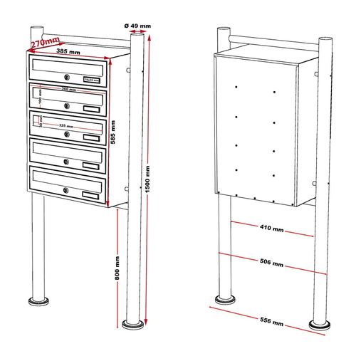 Bloc 5 Boite Aux Lettres Sur Pied De Support 5 Compartiments Superposé Acier Inoxydab