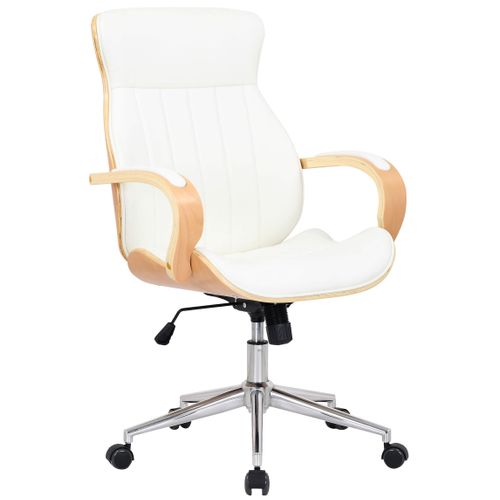 Fauteuil De Bureau Avec Roulettes Synthétique Blanc Et Bois Clair Hauteur Réglable Bur10466