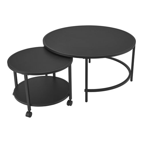 Lot De 2 Tables Basses Rondes Gigognes à Roulettes Et Espace De Rangement Noir 03_000