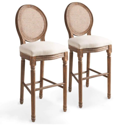 Lot De Deux Tabourets De Bar Design Chaise Siège Rotin Blanc Crème 1202150