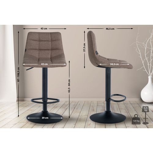 Lot De 2 Tabourets De Bar En Tissu Taupe Base Métal Noir Réglable En Hauteur Et Repose-pieds Tdb10