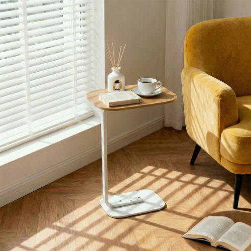 Table D’appoint 39x28x55,5 Cm, Petite Table Pour Salon, Design En C, Bois, Couleur Bois+blanc