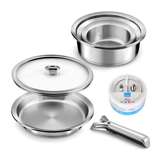 Ycône - Lot 7 Pièces - 3 Casseroles, 1 Poêle, 1 Couvercle, 1 Poignée Et 1 Pierre D'argent