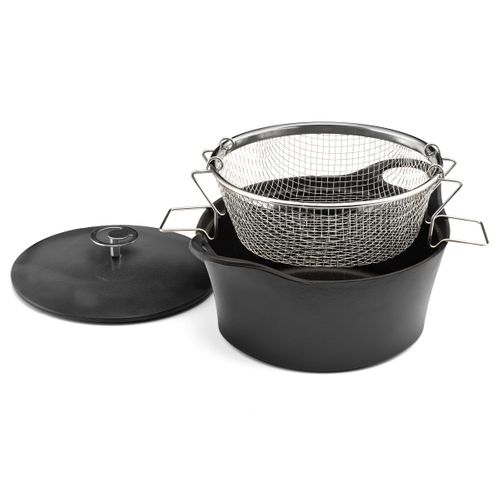 Volcan - Cocotte Ronde Noire 24 Cm Avec Panier Cuisson Pour Friture Et Cuisson à L'eau