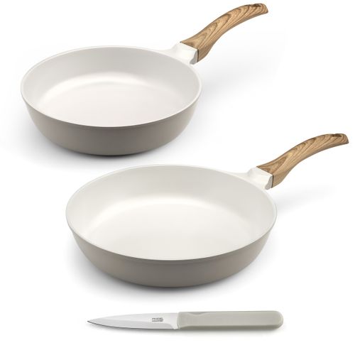 Mythic - Set 2 Poêles 24/28cm Revêtement Céramique Blanche, 1 Couteaux D'office