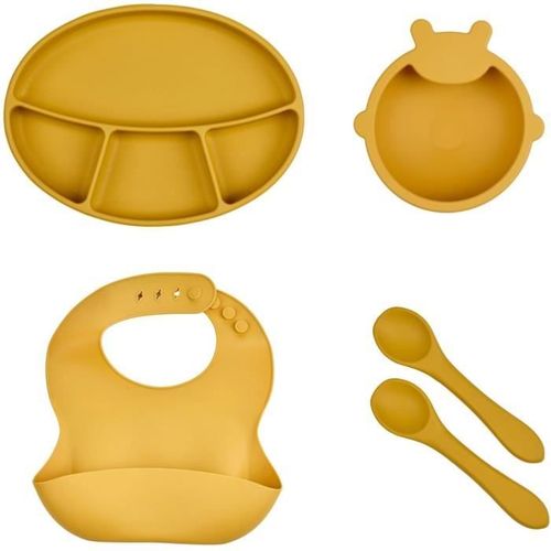 Pack Repas - Silicone - Jaune Miel - Assiette, Bol, Bavoir Et Cuilleres