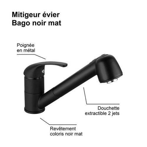 Mitigeur Évier De Cuisine - Noir Mat - Bec Orientable - Cartouche Céramique Ø 40 Mm - Bago