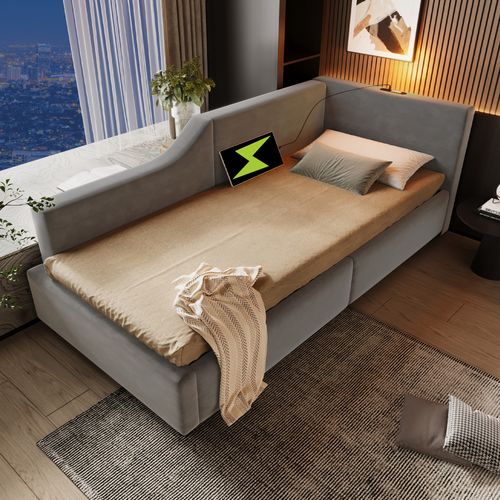 Lit Coffre 90x200cm Rembourré, Avec Lumière De Lecture Et Charge USB, Cadre En Bois,velours, Gris