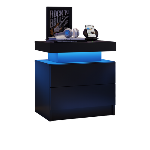 Table De Chevet De Nuit Moderne Avec Lumières LED Et 2 Tiroirs, Noir