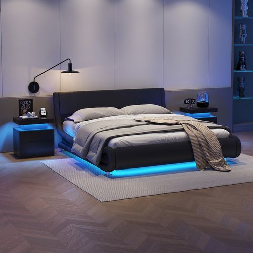 Table De Chevet De Nuit Moderne Avec Lumières LED Et 2 Tiroirs, Noir