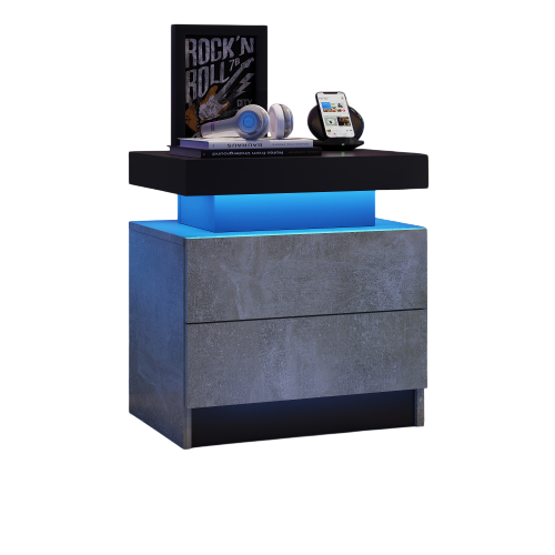 Table De Chevet De Nuit Moderne Avec Lumières LED Et 2 Tiroirs, Gris