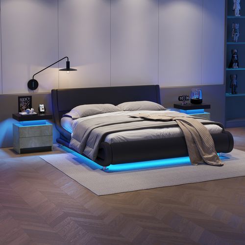 Table De Chevet De Nuit Moderne Avec Lumières LED Et 2 Tiroirs, Gris