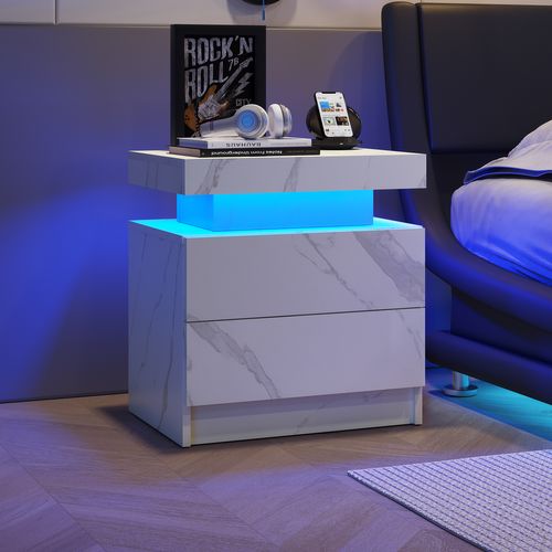 Table De Chevet De Nuit Effet Moderne Avec Lumières LED Et 2 Tiroirs, Blanc