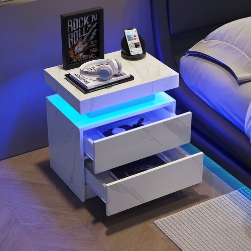Table De Chevet De Nuit Effet Moderne Avec Lumières LED Et 2 Tiroirs, Blanc