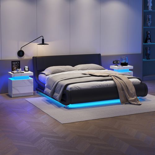 Table De Chevet De Nuit Effet Moderne Avec Lumières LED Et 2 Tiroirs, Blanc