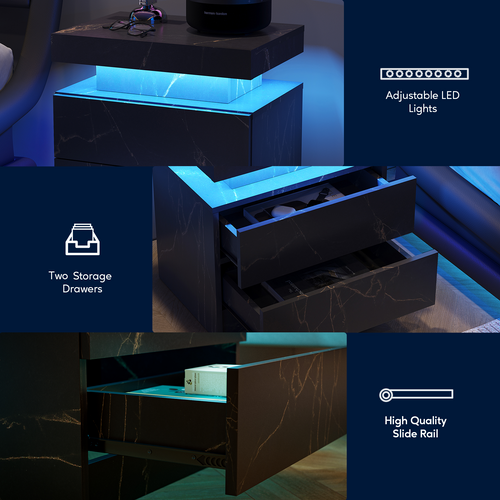 Table De Chevet De Nuit Effet Moderne Avec Lumières LED Et 2 Tiroirs, Noir