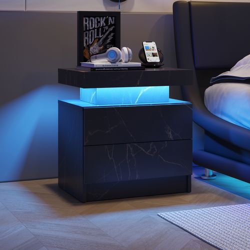 Table De Chevet De Nuit Effet Moderne Avec Lumières LED Et 2 Tiroirs, Noir