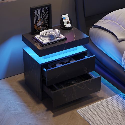 Table De Chevet De Nuit Effet Moderne Avec Lumières LED Et 2 Tiroirs, Noir