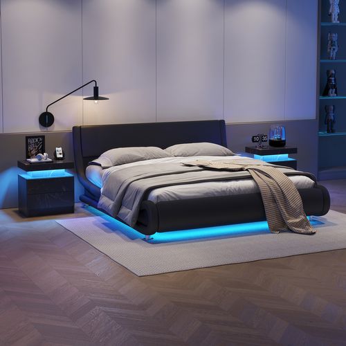 Table De Chevet De Nuit Effet Moderne Avec Lumières LED Et 2 Tiroirs, Noir