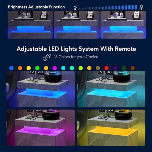 Table De Chevet De Nuit Effet Moderne Avec Lumières LED Et 2 Tiroirs, Gris Foncé