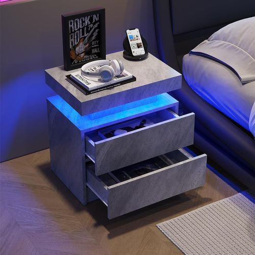 Table De Chevet De Nuit Effet Moderne Avec Lumières LED Et 2 Tiroirs, Gris Foncé