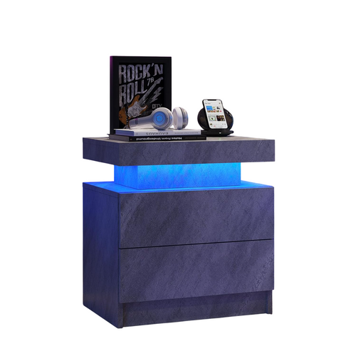 Table De Chevet De Nuit Effet Moderne Avec Lumières LED Et 2 Tiroirs, Gris Foncé