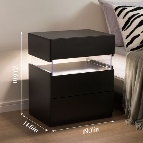Table De Nuit Avec Lumière LED 3 Tiroirs Pour Chambre à Coucher, Tables De Chevet Noir