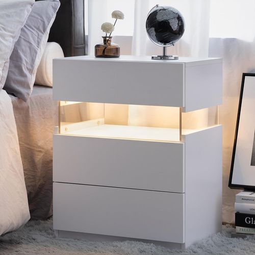Table De Nuit Avec Lumière LED 3 Tiroirs Pour Chambre à Coucher, Tables De Chevet Blanc