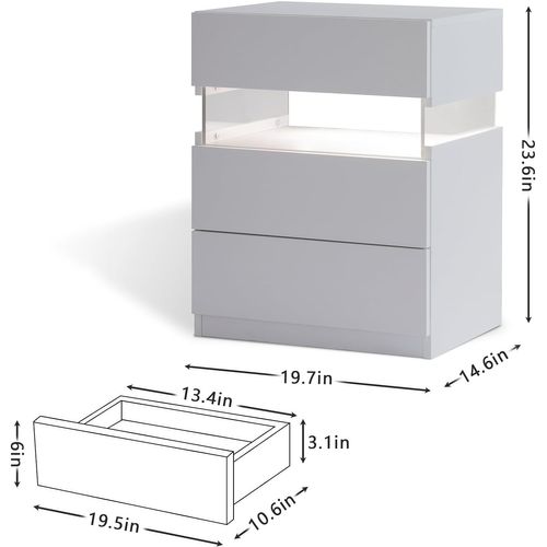 Table De Nuit Avec Lumière LED 3 Tiroirs Pour Chambre à Coucher, Tables De Chevet Blanc