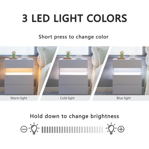 Table De Nuit Avec Lumière LED 3 Tiroirs Pour Chambre à Coucher, Tables De Chevet Blanc