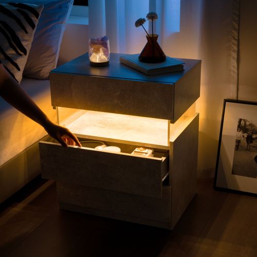 Table De Nuit Avec Lumière LED 3 Tiroirs Pour Chambre à Coucher, Table De Chevet Effet Gris