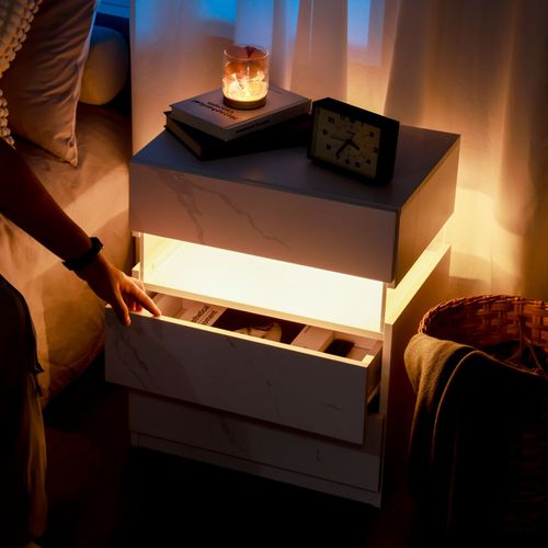 Table De Nuit Avec Lumière LED 3 Tiroirs Pour Chambre à Coucher, Table De Chevet Effet Blanc