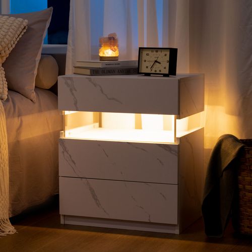 Table De Nuit Avec Lumière LED 3 Tiroirs Pour Chambre à Coucher, Table De Chevet Effet Blanc