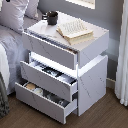Table De Nuit Avec Lumière LED 3 Tiroirs Pour Chambre à Coucher, Table De Chevet Effet Blanc