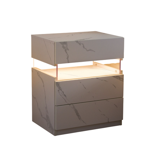 Table De Nuit Avec Lumière LED 3 Tiroirs Pour Chambre à Coucher, Table De Chevet Effet Blanc