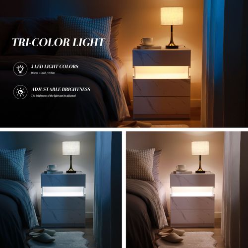 Table De Nuit Avec Lumière LED 3 Tiroirs Pour Chambre à Coucher, Table De Chevet Effet Blanc