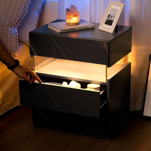 Table De Nuit Avec Lumière LED 3 Tiroirs Pour Chambre à Coucher, Table De Chevet Effet Noir