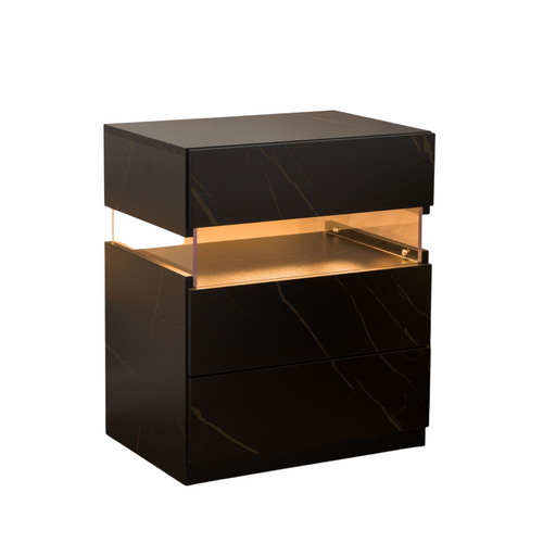 Table De Nuit Avec Lumière LED 3 Tiroirs Pour Chambre à Coucher, Table De Chevet Effet Noir