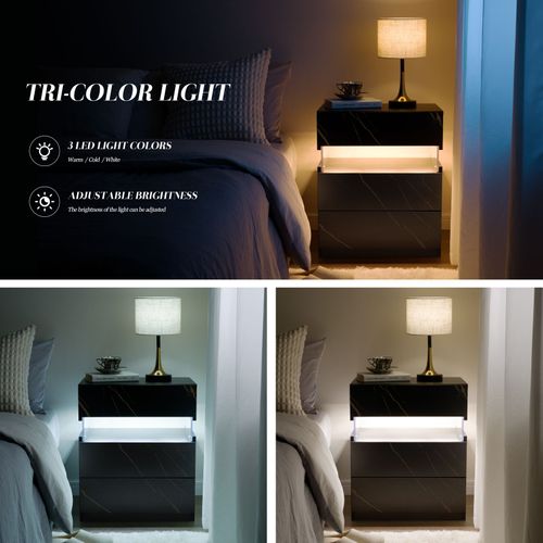 Table De Nuit Avec Lumière LED 3 Tiroirs Pour Chambre à Coucher, Table De Chevet Effet Noir
