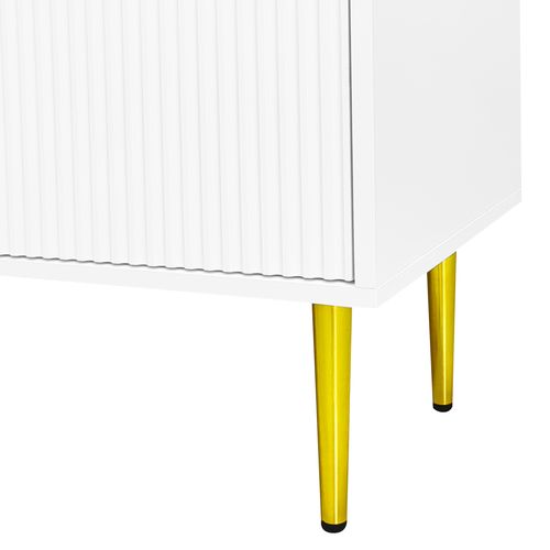 Meuble TV Amoderne Avec Fentes Verticales Et Verre Bombé, 170x35x50cm , Blanc