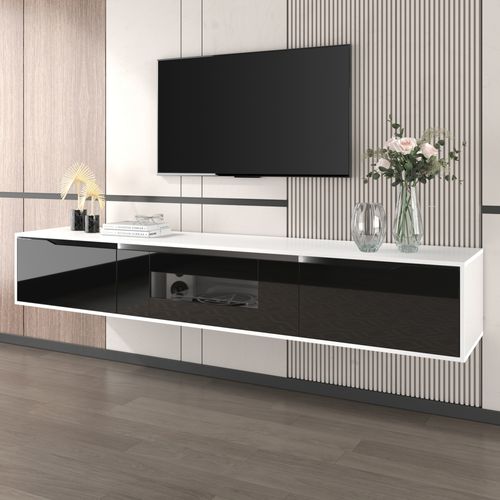 Meuble TV Moderne Brillant Avec Ãclairage LED, 180x35x30cm, Noir