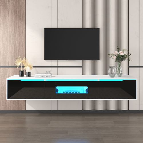 Meuble TV Moderne Brillant Avec Ãclairage LED, 180x35x30cm, Noir